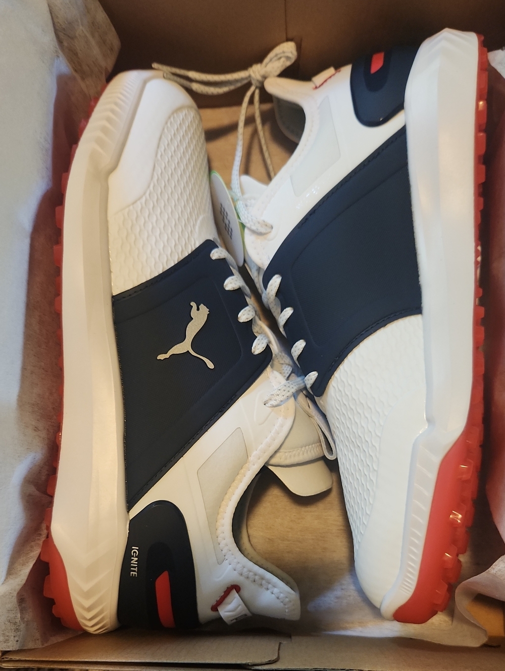 Puma Men’s White & Navy Athletic Golf Shoes with Red Outsole